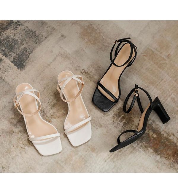 

sandals 2021 summer thick heel fairy style word buckle open toe all-match square high heels roman women's shoes, Black