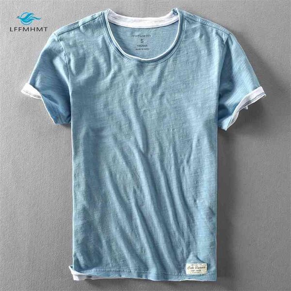 Uomo Estate Moda Marca Stile Giappone Bambù Cotone Tinta unita Manica corta T-shirt Uomo Casual Semplice Sottile Bianco Tee Magliette 210706