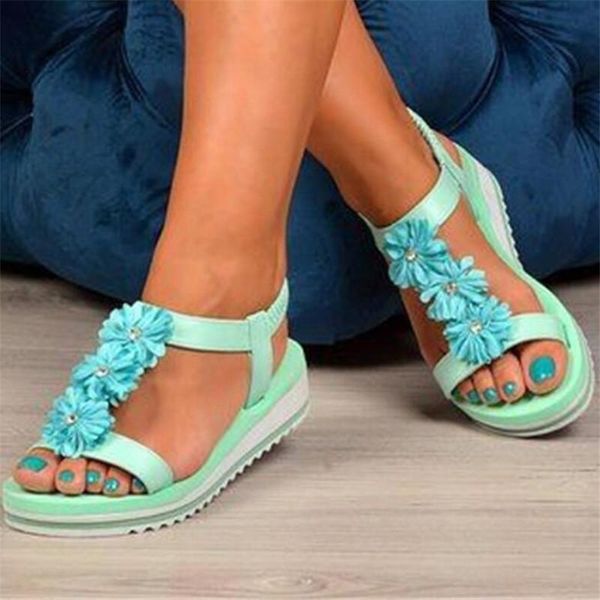 

flowers women sandals summer new style rhinestone flat roman beach shoes women fashion casual platform sandals, Black