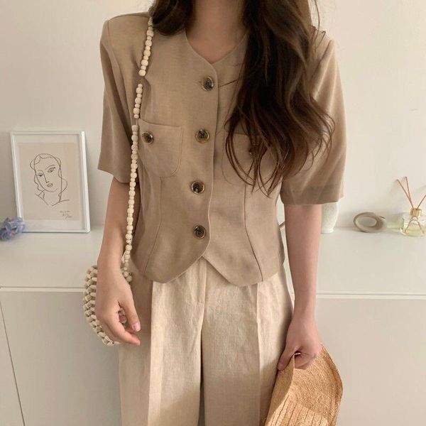 

women's suits & blazers hzirip elegant 2021 summer office ladies single breasted solid women loose simple femme coat short sleeves blaz, White;black