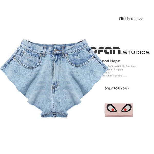 

women's jeans 2021 spring and summer out of the curved ruffle skirt wide-leg denim pants pull wind to attract girls super shorts, Blue