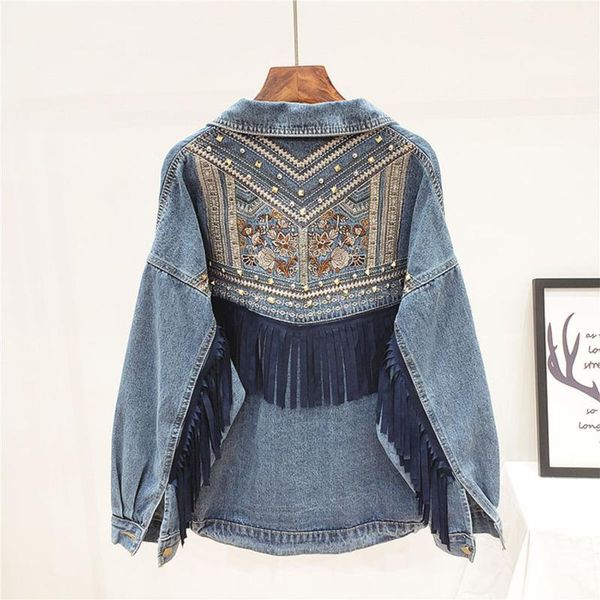 

women's jackets 2021 denim jacket floral embroidery suede fringe loose coats long sleeve solid color outerwear womens street jeans clot, Black;brown