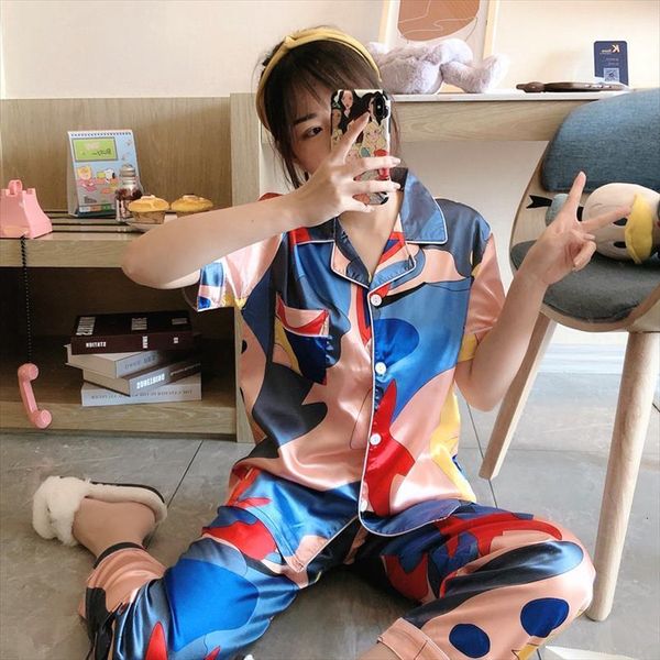 

summer ins sweet silk lapel womens sleepwears short sleeved pajamas pants femme leisure two piece suit ladies thin cardigan, Black;red