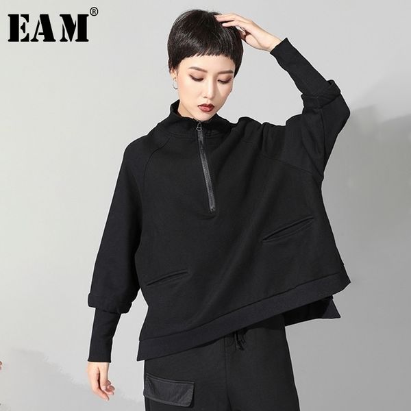 

[eam] new spring autumn stand collar long sleeve black zipper split joint big size sweatshirt women fashion tide jq021 201030