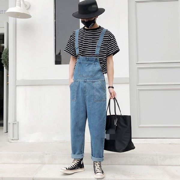 

men's jeans denim jumpsuits men ankle length button-strap fashion loose fit hip hop jumpsuit one-piece harem pants s-2xl, Blue