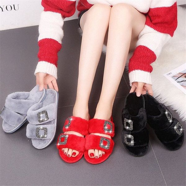 

winter slippers fur slides shoes woman warm furry footwear flat cute outdoorwinter slippers shoes woman fur slides warm cute j8o0#, Black