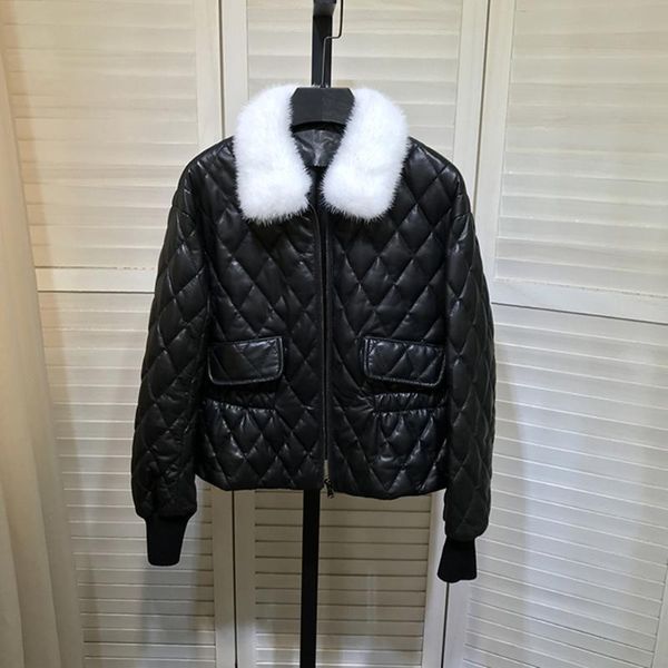 

women's leather & faux winter sheepskin coat fur collar argyle genuine jackets c883, Black