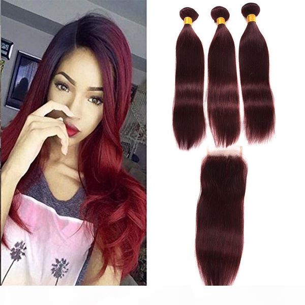 

8a wine red indian peruvian virgin straight hair with frontals 99j burgundy human hair 3 bundles with lace closure 4pcs lot, Black;brown