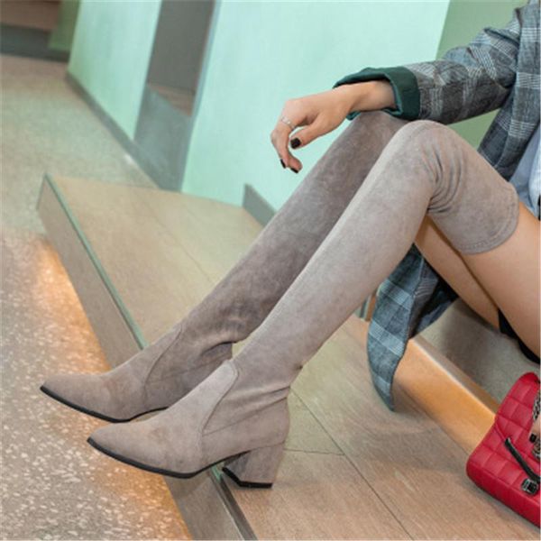 

boots winter warm thigh high platform fashion women shoes stretch over the knee heels suede long boot gray, Black