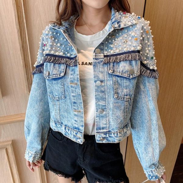 

women's jackets women autumn fashion denim jacket pearls jeans coats and streetwear tassel short y604, Black;brown