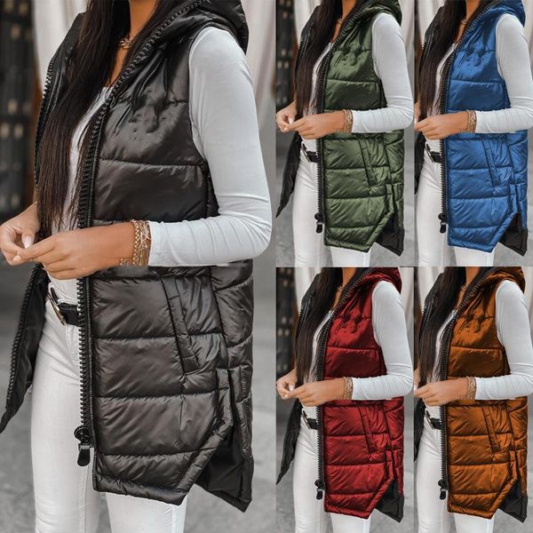 

mandylandy pure color women vests split glossy long vest jackets casual zipper slim-fitting cotton-padded jacket ladies outwear, Black;white