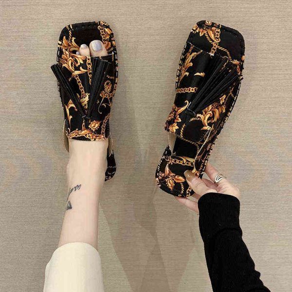 Chinelos de flores vintage mulheres s peep toe sapatos home sapatos finged lazy sandália para fêmea plus tamanho zapatillas de mujer 220304