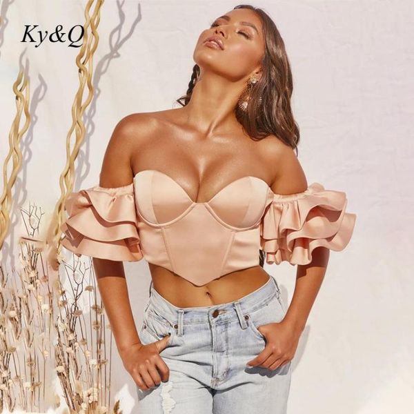 

satin bustier corset women shirts ruffles lantern sleeves blouses off shoulder backless crop plus size blusas mujer, White