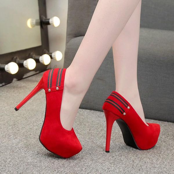 

dress shoes suede shallow mouth womens wild nightclub high heels black professional work single red wedding