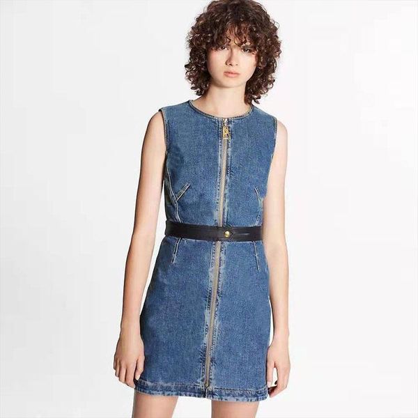 

casual dresses 2021 summer woman's dress jeans printed zipper belt mini sleeveless hign quality straight tank, Black;gray