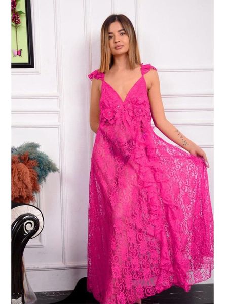 

women's sleepwear nightgown with long lace fabric in bright colors, Black;red