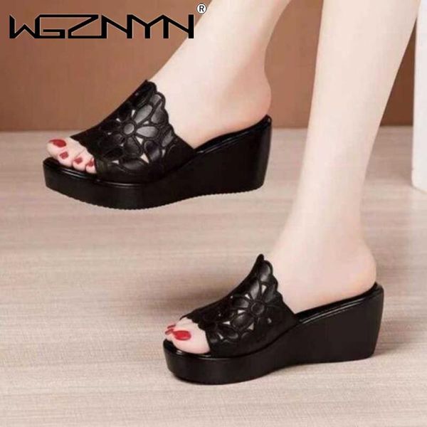 

slippers summer women outdoor sandals wedges slip-on shoes woman flat peep toe soft leather platform chaussure femme, Black