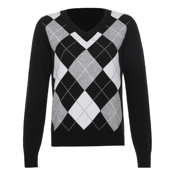 

preppy style long sleeve sweater women argyle plaid v-neck knit loose jumper 83xf, White;black