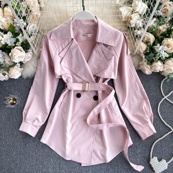Trench da donna stile coreano rosa elegante donna cappotto primavera vintage doppio petto vita alta giacca a vento corta bottoni bianchi top