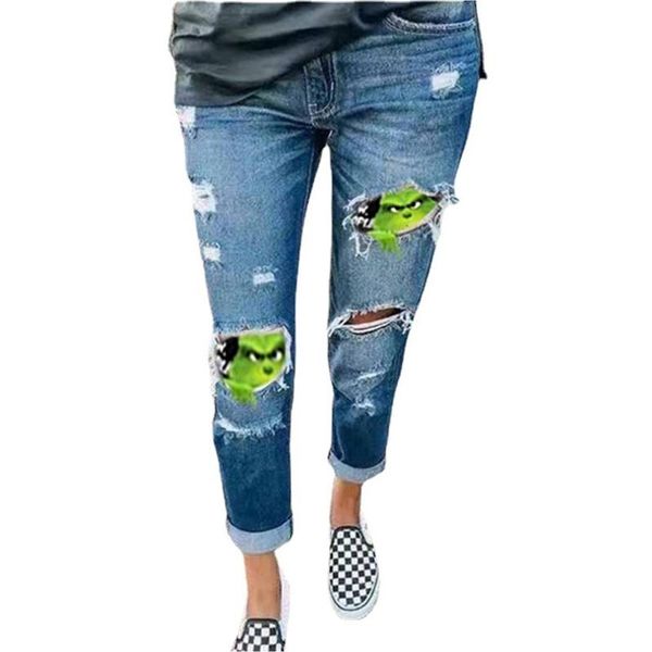 

women's jeans ripped skinny women vintage green hair printed denim pants causal high waist hole full length female pencil trousers, Blue