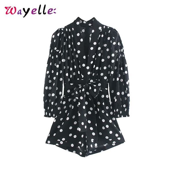 

women's jumpsuits & rompers women stylish long sleeve sashes pockets back zipper female polka dots v-neck chic casual black playsuits, Black;white