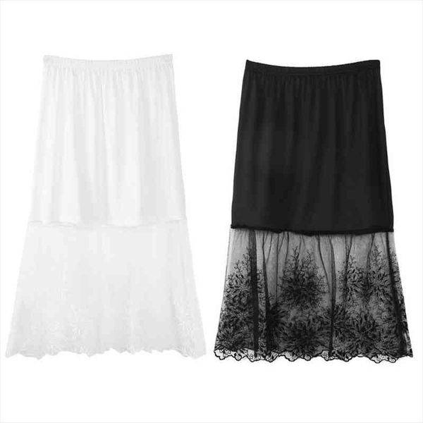 

women lady lace half slip skirts extender elastic waist a-line hollow petticoat underskirt, Black