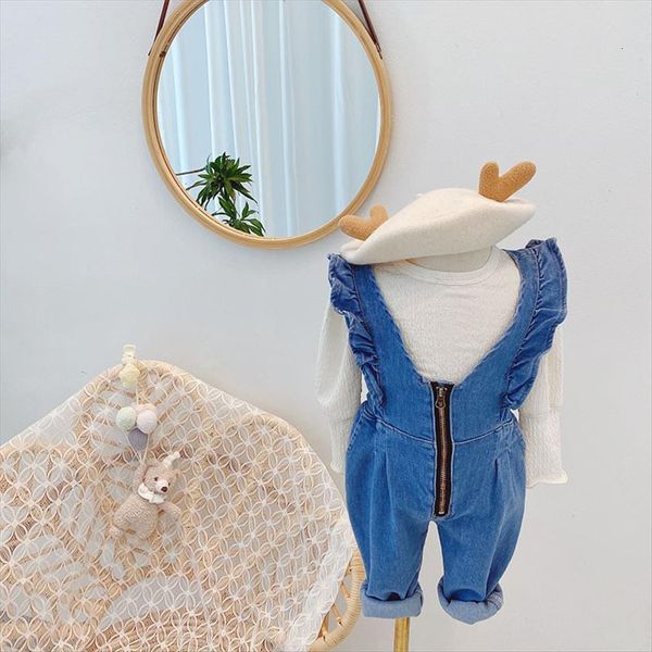 

1 7yrs ruffles lace romper for girl casual denim jumpsuit toddler girls clothing bodysuit children overalls jeans, White