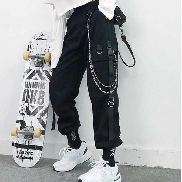 

women's pants & capris 2021 spring autumn fashion punk pockets women harajuku cool 3 piece suit chain cargo pants+chain shirt +chain co, Black;white