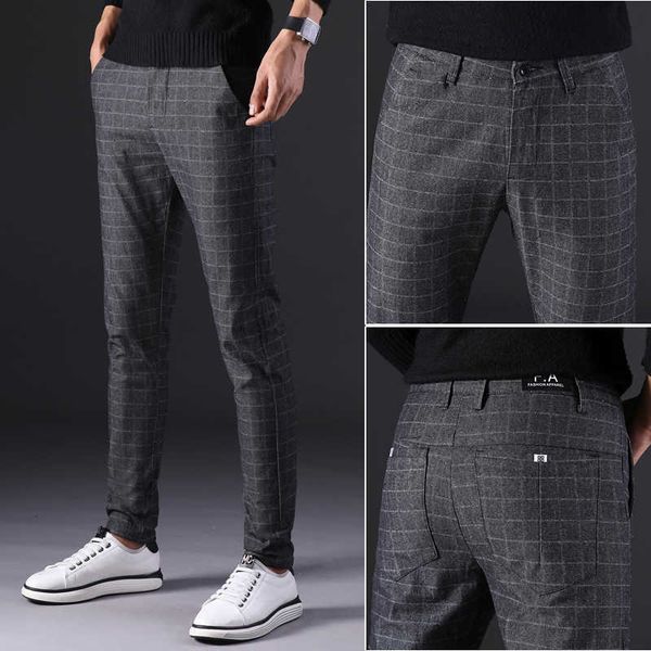 

men's pants straight casual trousers large size fashion business suit plaid brown grey cotton gjp1, Black