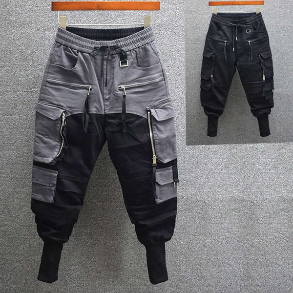 

2021 new fashion brand functional wind streamer overalls men's personalized large pocket lock casual pants corset harem pants, Blue