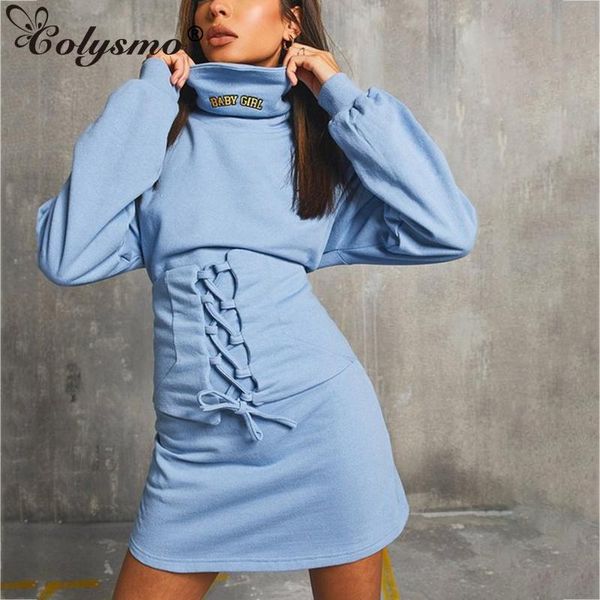 

casual dresses colysmo hoodie dress women turtleneck blue long sleeve high waist tie up mini fall fashion party robe 2021, Black;gray