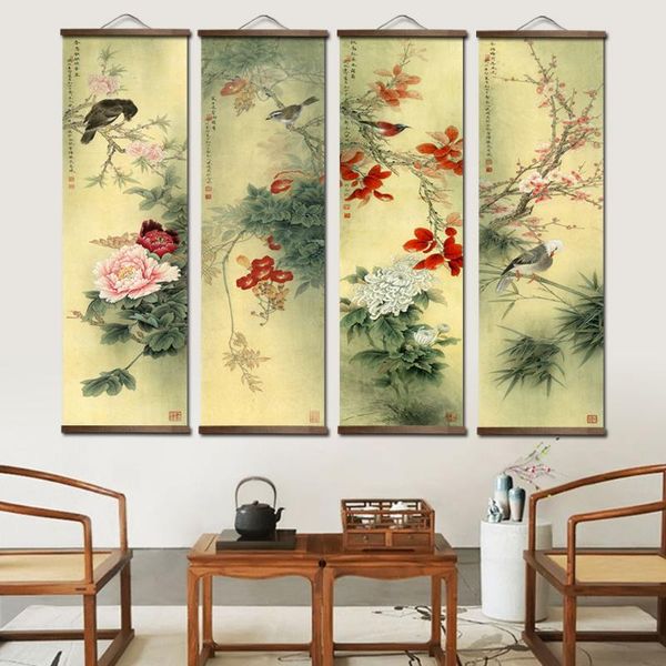 

paintings chinese traditional style green flowers canvas for living room wall art poster solid wood scroll home decor decoration