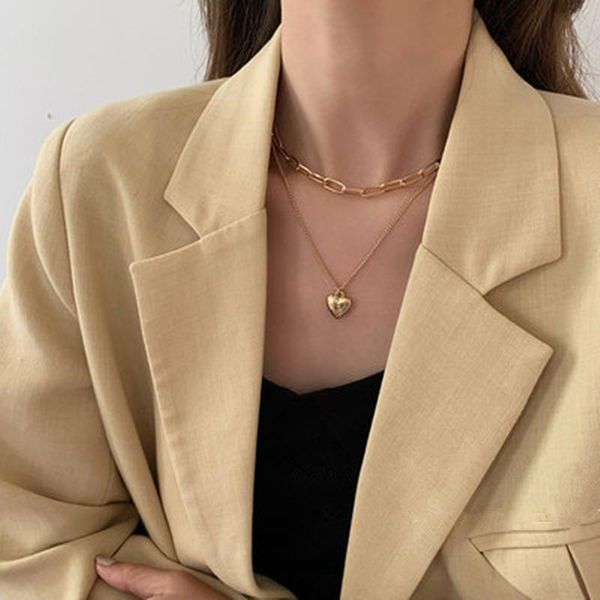 

chokers aomu 2021korean simple love heart pendant necklace personality double layer metal chain clavicle for women party jewelry, Golden;silver