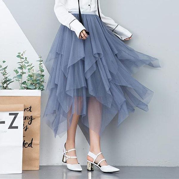 

skirts tulle skirt elastic high waist women dance tutu mesh hem asymmetrical pleated ball gown boho long midi faldas beach jupe, Black