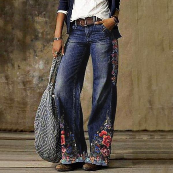 

women's jeans summer fashion street hip-hop printing wash loose casual denim wide leg pants tide woman long #g3, Blue