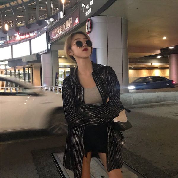 

2021 new sequin blouse black striped veet disco long sleeve shirt women glitter and blouses femme streetwear rv8h, White