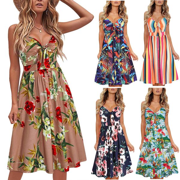 

european and american women's digital printed flower sun skirt v-neck front lace thin shoulder belt pocket dress, White