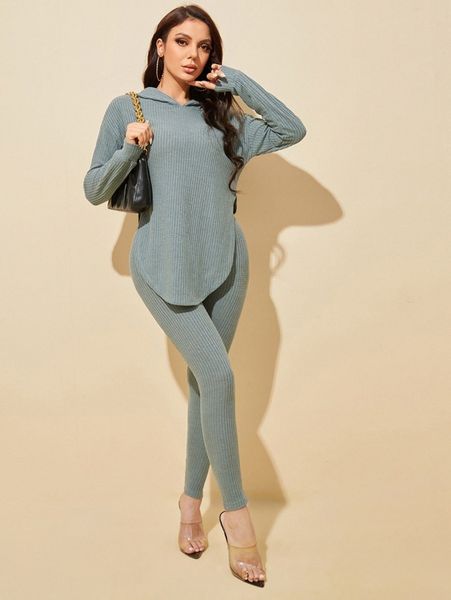 

drop shoulder split asymmetrical hem hoodie & leggings n3eu#, White