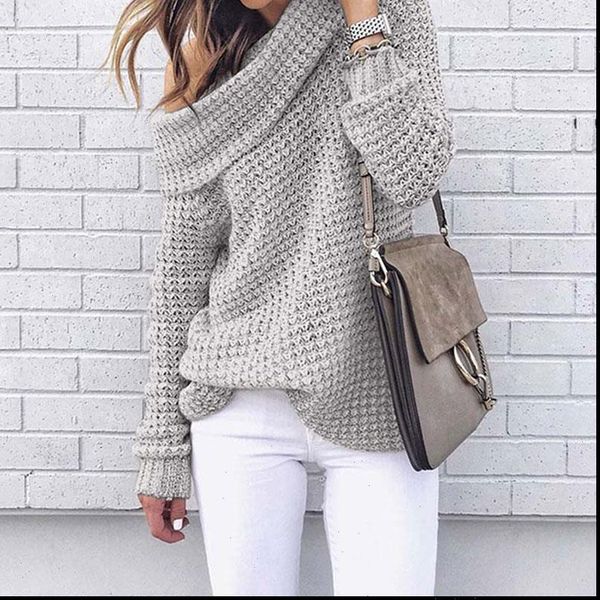 

2021 off shoulder sweater women winter warm sweater female knitted pullover female loose long sleeve jumpers ladies knitwear, White;black
