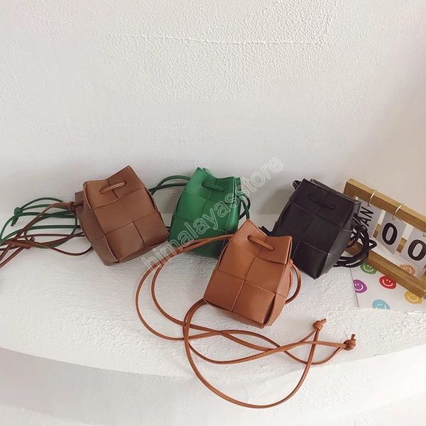 Kinder-Eimertasche, niedliches Leder, gewebt, für Kinder, kleine Geldbörse, luxuriöse Mädchen-String-Umhängetasche, Baby-Clutch-Geldbörse