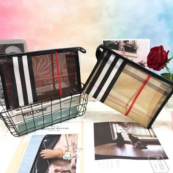 

handbag fog flower transparent lattice cosmetic bag mesh wash bath double-layer portable large capacity storage, Black;red
