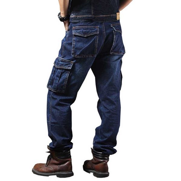 

2021 new big pocket denim jeans cotton load pants from casual style single baggy plus size men's clothes 2923, Blue