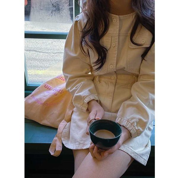 

spring long sleeve stretch waist women dresses o-neck casual denim short vestidos fashion korean ins retro femme robe 210525, Black;gray