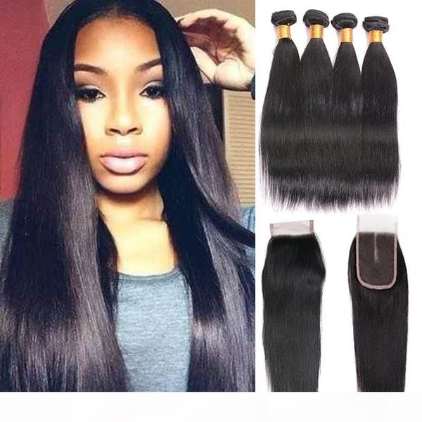

indian straight virgin human hair weave bundles with closure human hair 4 bundles with closure natural color remy hair bundles with closure, Black