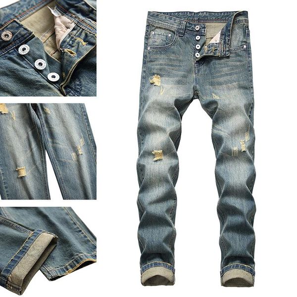 

denim pants pantalon men jeans 2021 slim straight business casual dark blue button