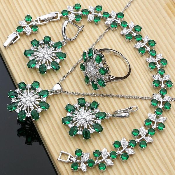

wedding jewelry sets elegant women 925 silver green zircon party plant kits earrings bracelet drop gift, Slivery;golden