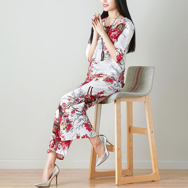 

women's tracksuits real s 2021 autumn summer cotton linen slim print v neck three quarter sleeve shirt wide leg ankle-length pants suit, Gray