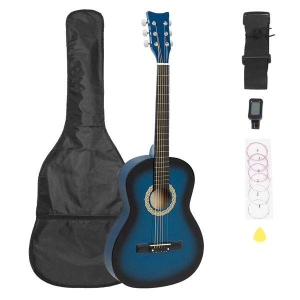 

38 inch folk guitar with bag board belt liquid crystal tuner strings set blue us stock