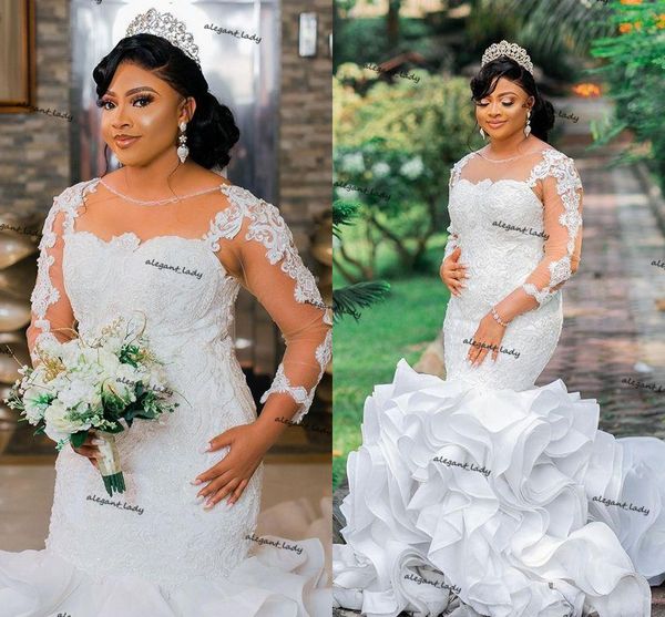 

arabic aso ebi luxurious lace mermaid wedding dresses 2021 plus size illusion long sleeve ruffles tiered skirt bridal gown, White