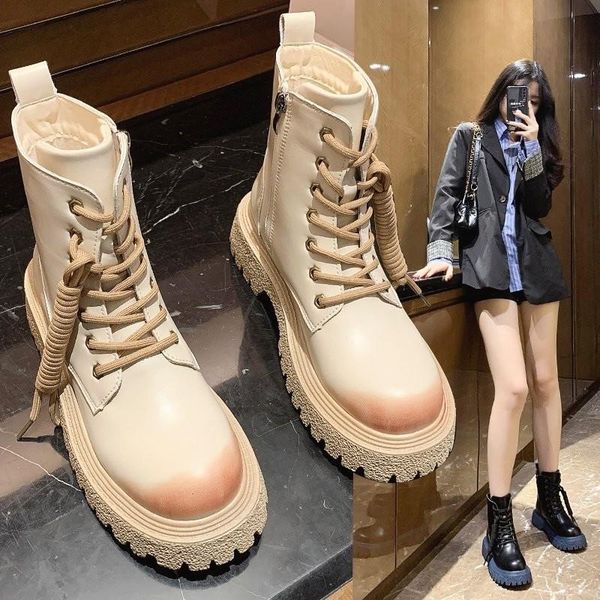 

boots women's 2021 british style short thick and thin versatile fashion locomotive handsome leather, Black